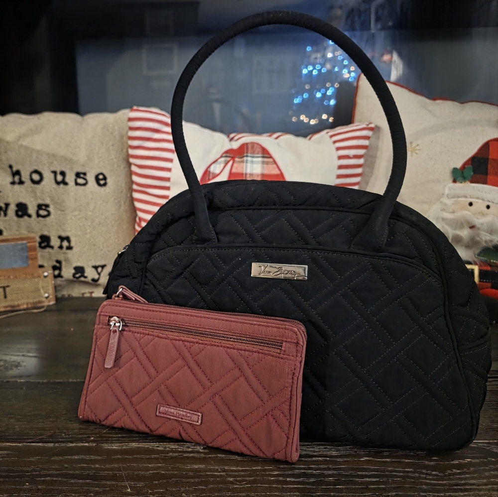 Vera Bradley Black Quilted Satchel- Bonus VERA Wallet Included.